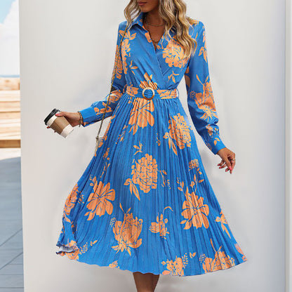 Floral Print Midi Dress with Pleated Skirt and Lapel V-Neck