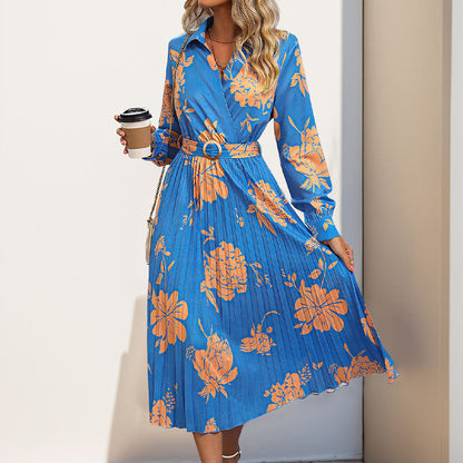 Floral Print Midi Dress with Pleated Skirt and Lapel V-Neck