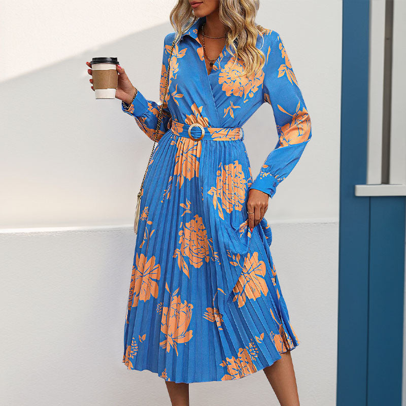 Floral Print Midi Dress with Pleated Skirt and Lapel V-Neck