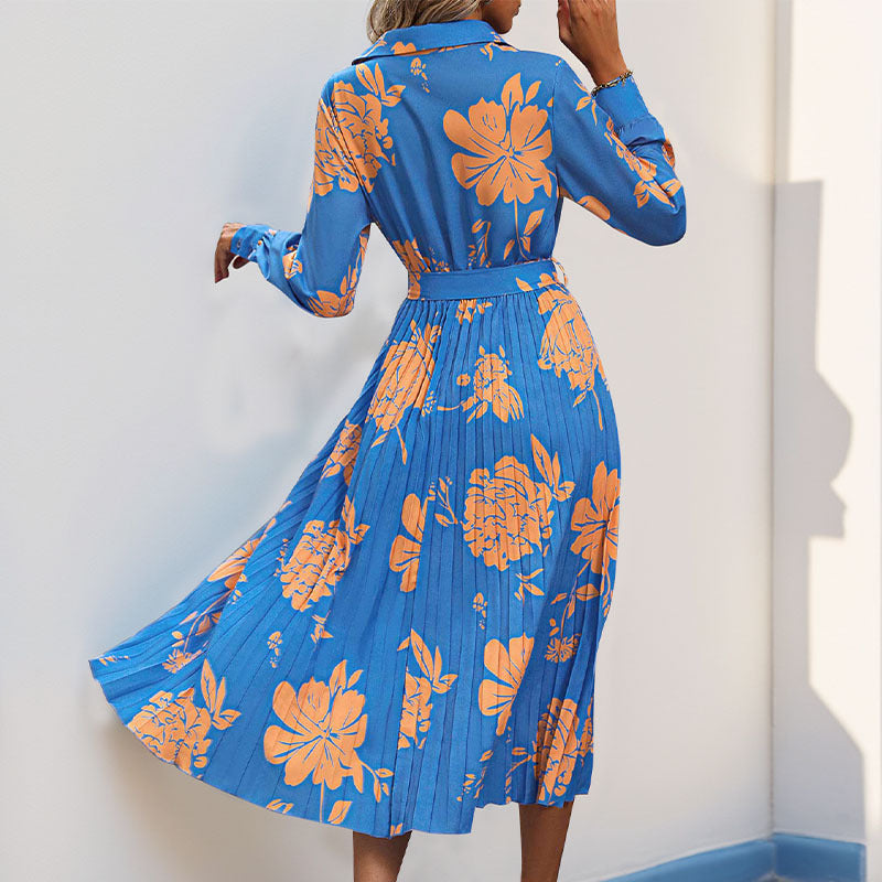 Floral Print Midi Dress with Pleated Skirt and Lapel V-Neck