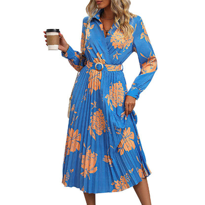 Floral Print Midi Dress with Pleated Skirt and Lapel V-Neck