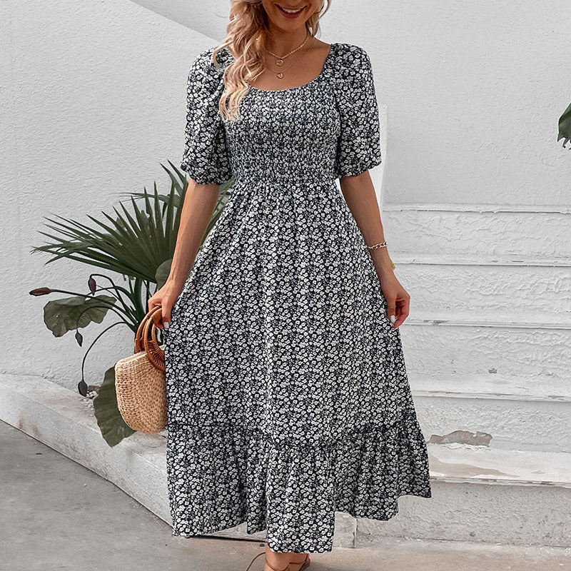 Floral Maxi Dress with Square Neck, Puff Sleeves, and Lace-Up Back