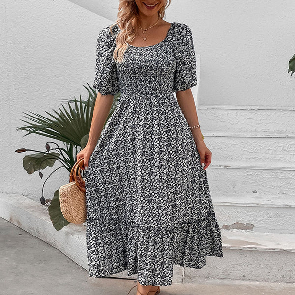 Floral Maxi Dress with Square Neck, Puff Sleeves, and Lace-Up Back