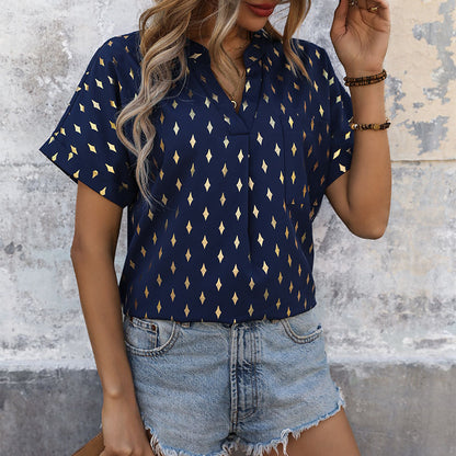 Gold Diamond Print V-Neck Blouse with Short Sleeves