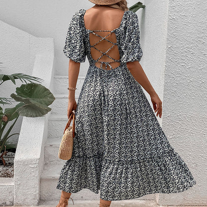 Floral Maxi Dress with Square Neck, Puff Sleeves, and Lace-Up Back