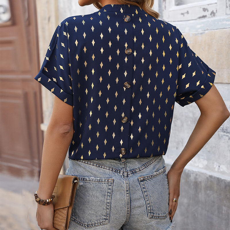 Gold Diamond Print V-Neck Blouse with Short Sleeves
