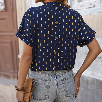 Gold Diamond Print V-Neck Blouse with Short Sleeves