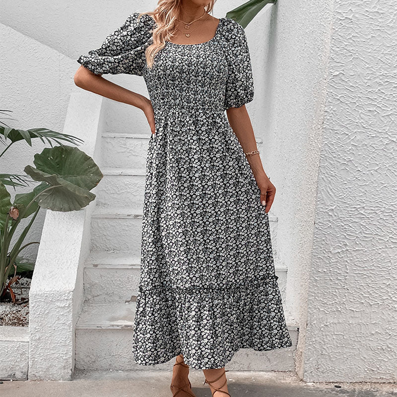 Floral Maxi Dress with Square Neck, Puff Sleeves, and Lace-Up Back