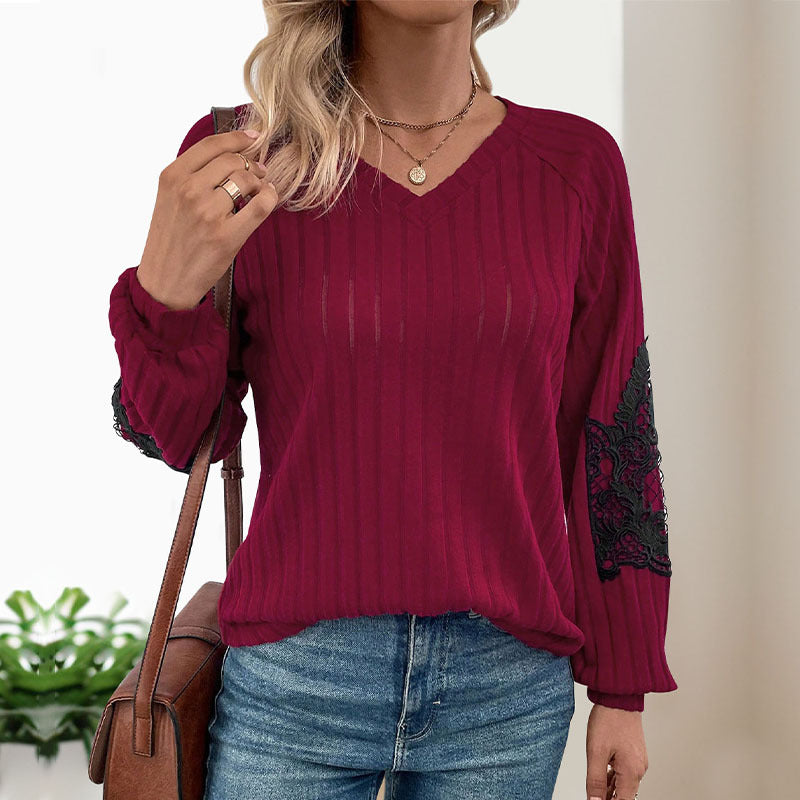 Ribbed Knit Pullover with V-Neck and Lace Raglan Sleeves