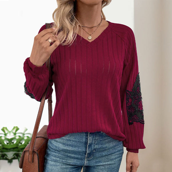 Ribbed Knit Pullover with V-Neck and Lace Raglan Sleeves