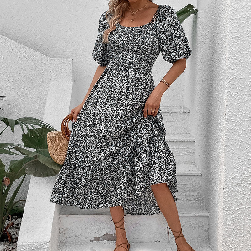 Floral Maxi Dress with Square Neck, Puff Sleeves, and Lace-Up Back