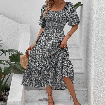 Floral Maxi Dress with Square Neck, Puff Sleeves, and Lace-Up Back