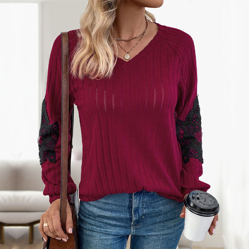 Ribbed Knit Pullover with V-Neck and Lace Raglan Sleeves