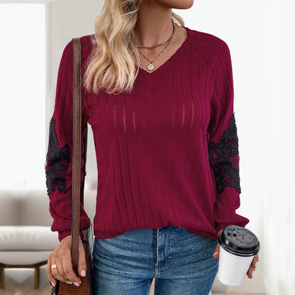 Ribbed Knit Pullover with V-Neck and Lace Raglan Sleeves