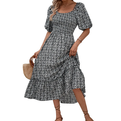 Floral Maxi Dress with Square Neck, Puff Sleeves, and Lace-Up Back