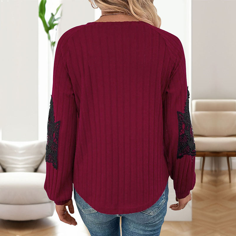 Ribbed Knit Pullover with V-Neck and Lace Raglan Sleeves
