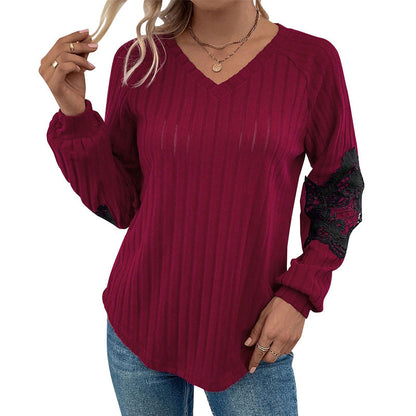 Ribbed Knit Pullover with V-Neck and Lace Raglan Sleeves