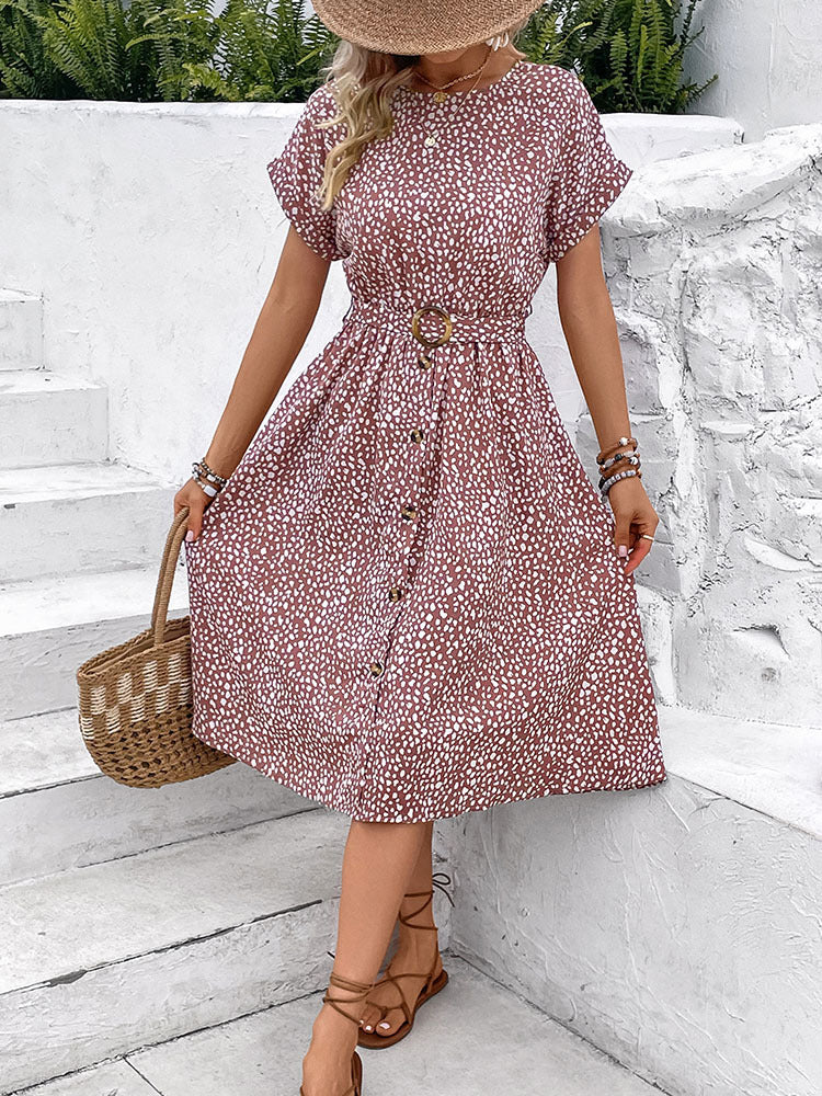 A-Line Midi Dress in Speckled Print with Belted Waist