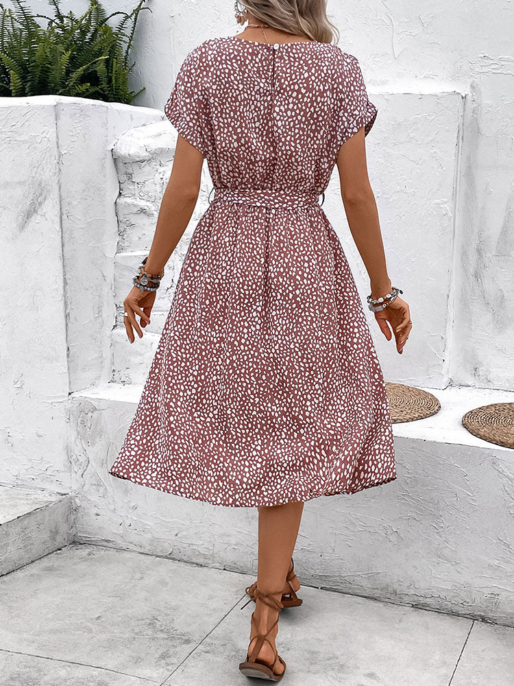 A-Line Midi Dress in Speckled Print with Belted Waist
