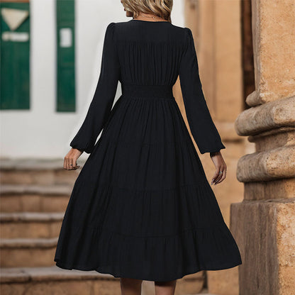 A-Line Midi Dress with V-Neck, Button Front, and Slit