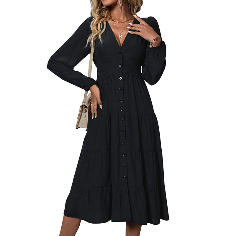 A-Line Midi Dress with V-Neck, Button Front, and Slit