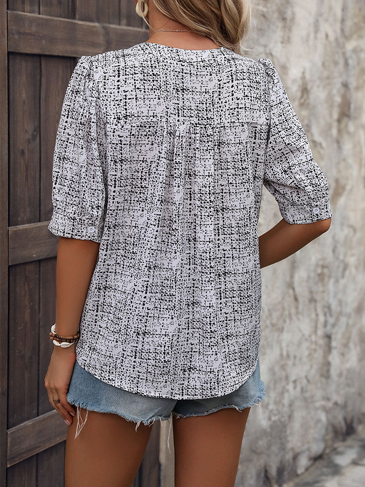 Textured Print Blouse with Stand Collar V-Neck and Puff Sleeves