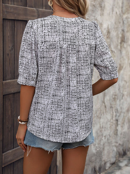 Textured Print Blouse with Stand Collar V-Neck and Puff Sleeves