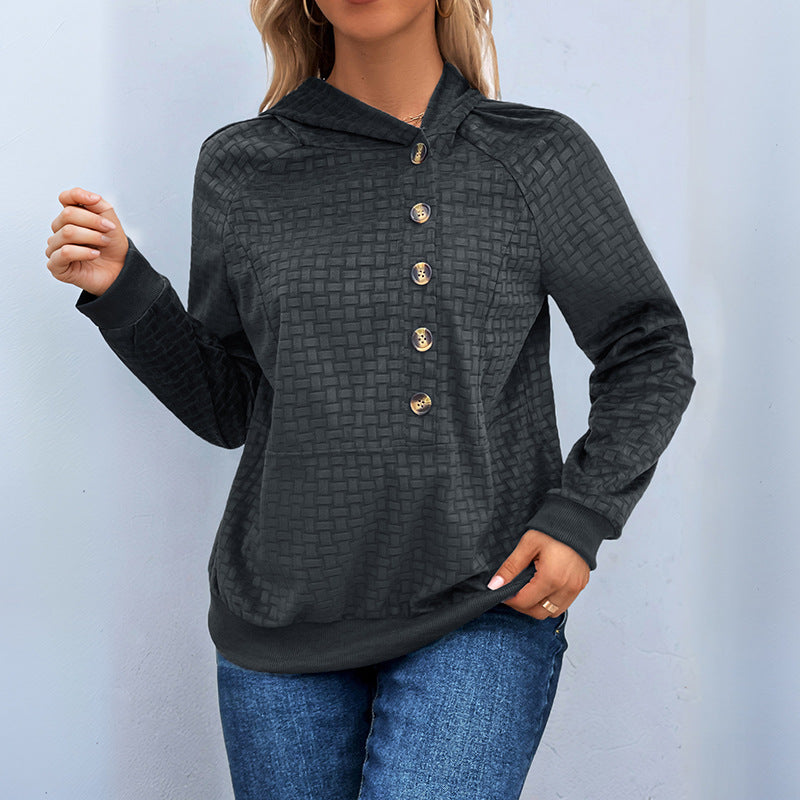 Textured Hoodie with Henley Buttons and Raglan Sleeves