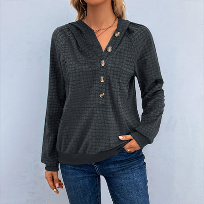Textured Hoodie with Henley Buttons and Raglan Sleeves