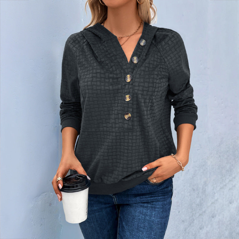 Textured Hoodie with Henley Buttons and Raglan Sleeves