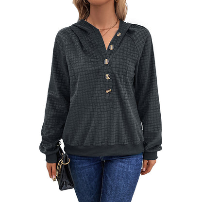 Textured Hoodie with Henley Buttons and Raglan Sleeves