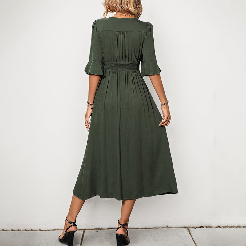 Solid A-Line Midi Dress with V-Neck and Slit