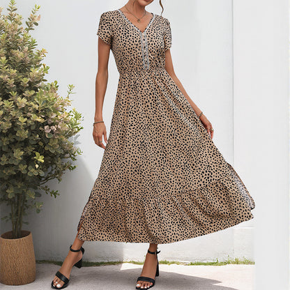 Leopard Print A-Line Midi Dress with V-Neck and Lace Trim