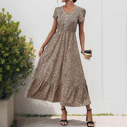 Leopard Print A-Line Midi Dress with V-Neck and Lace Trim