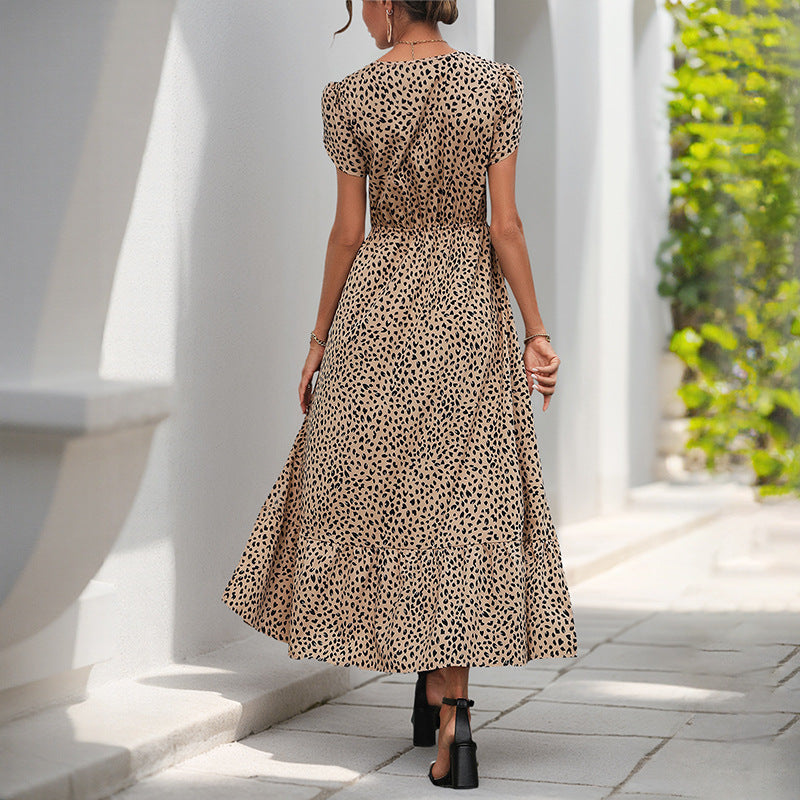 Leopard Print A-Line Midi Dress with V-Neck and Lace Trim