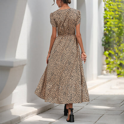 Leopard Print A-Line Midi Dress with V-Neck and Lace Trim
