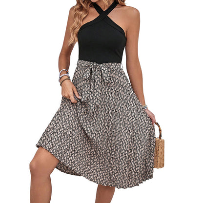 Color-Blocked A-Line Midi Dress with Halter Neck