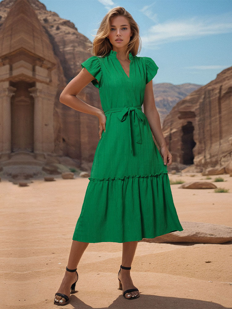 A-Line Midi Dress with Ruffle V-Neck and Tie Waist