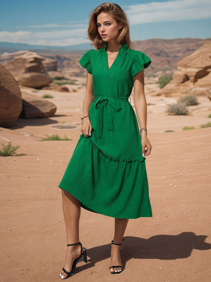 A-Line Midi Dress with Ruffle V-Neck and Tie Waist