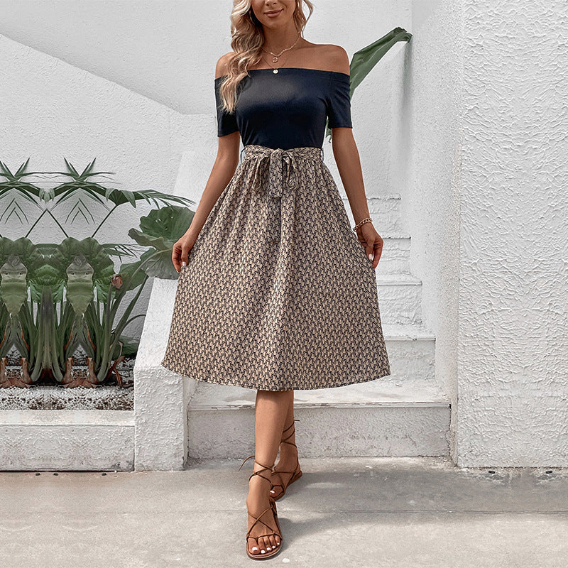 Off-Shoulder Geometric Print A-Line Midi Dress