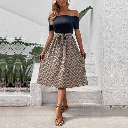 Off-Shoulder Geometric Print A-Line Midi Dress