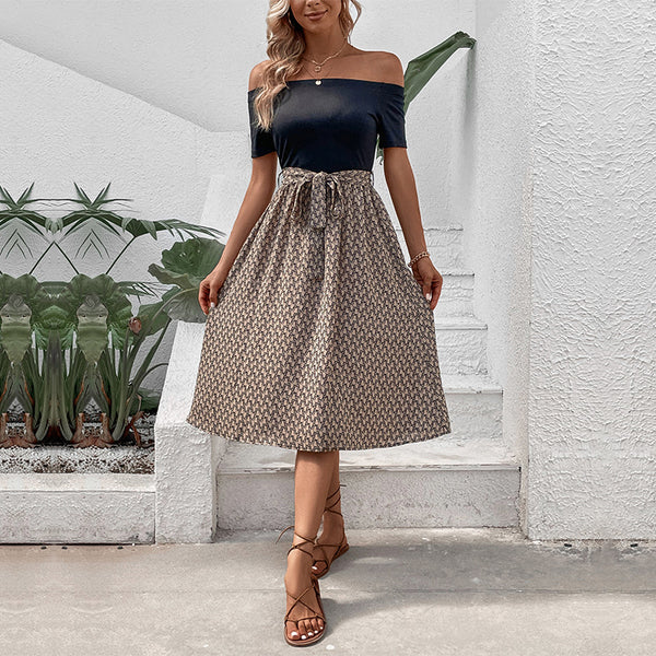 Off-Shoulder Geometric Print A-Line Midi Dress