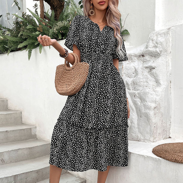 Polka Dot Midi Dress with Smocked Waist and V-Neck
