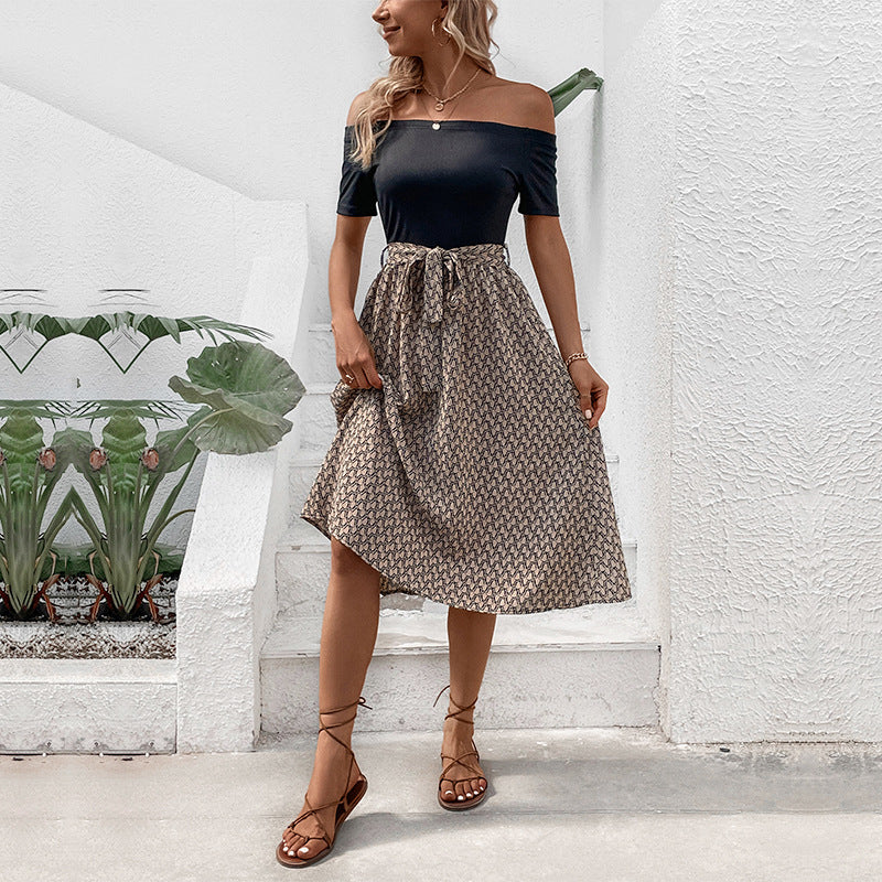 Off-Shoulder Geometric Print A-Line Midi Dress