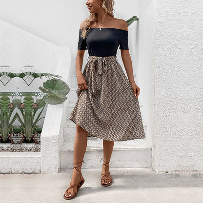 Off-Shoulder Geometric Print A-Line Midi Dress