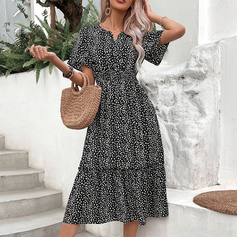 Polka Dot Midi Dress with Smocked Waist and V-Neck