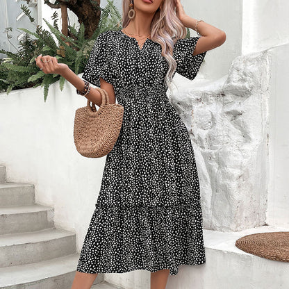 Polka Dot Midi Dress with Smocked Waist and V-Neck