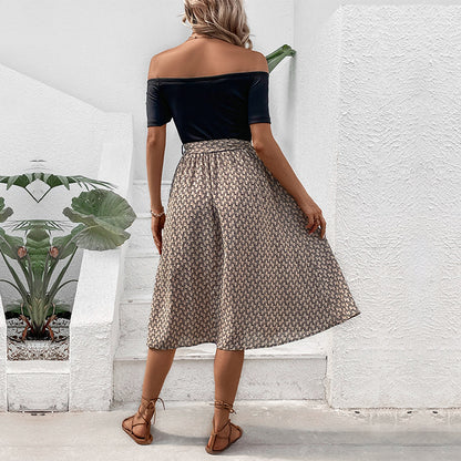 Off-Shoulder Geometric Print A-Line Midi Dress
