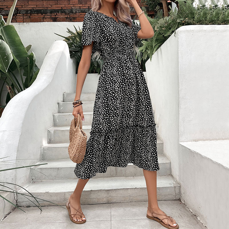 Polka Dot Midi Dress with Smocked Waist and V-Neck