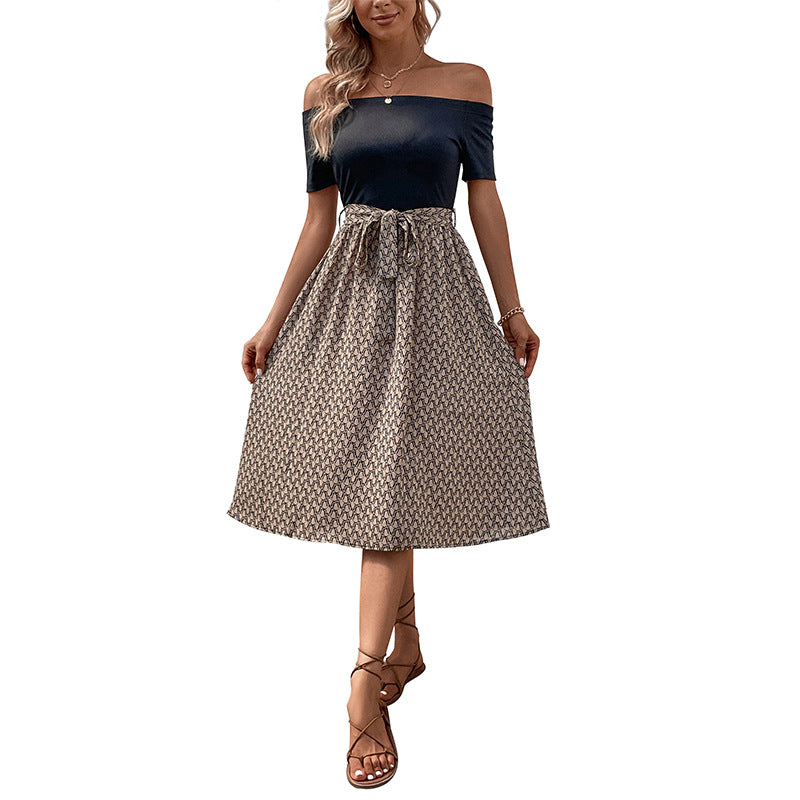 Off-Shoulder Geometric Print A-Line Midi Dress